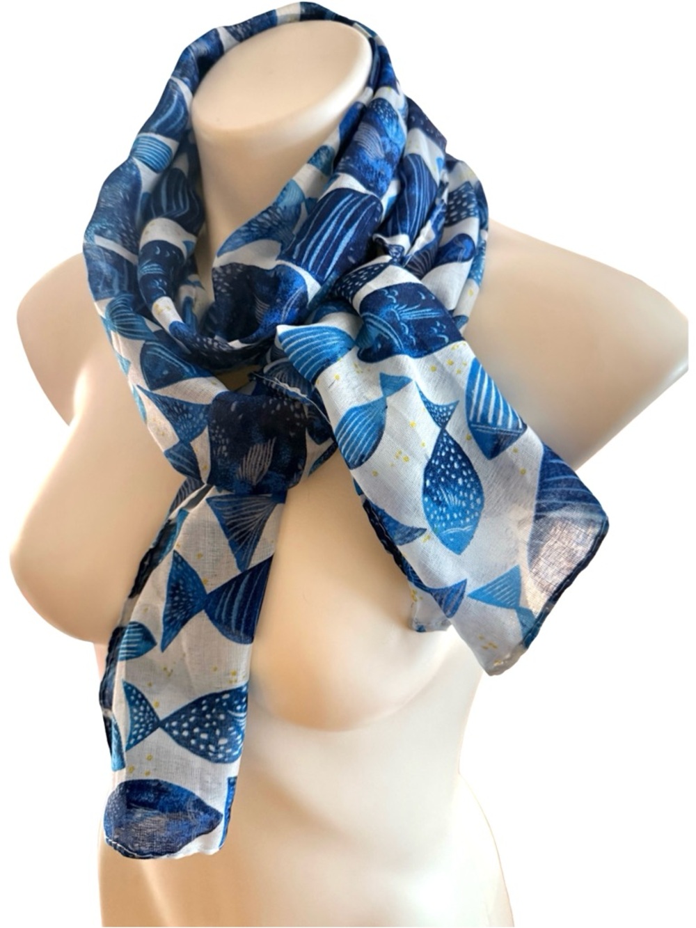 Watercolor Fish Print Scarf Blue Cream Coastal Beach Lightweight 64x13 Gift